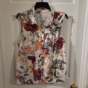 Cupio Ivory Sleeveless Floral Button-Up Top with Pink, Orange & Green Blooms